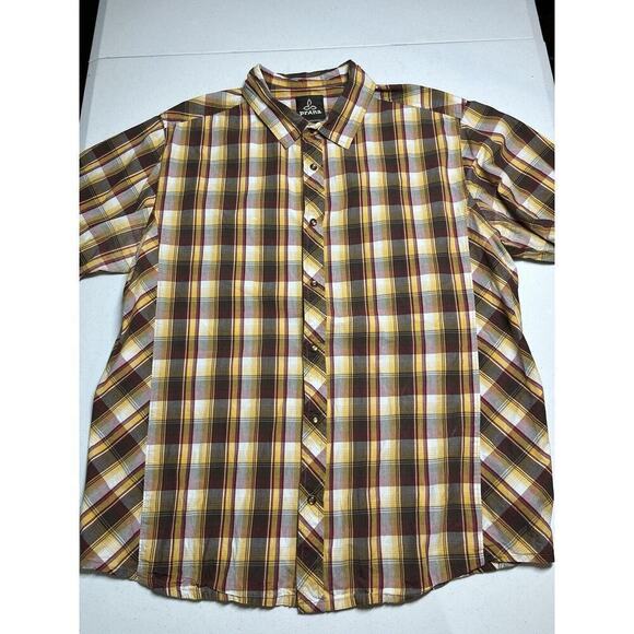 PrAna Mens Short Sleeve Button Down Plaid Casual Shirt Size L - Picture 1 of 8